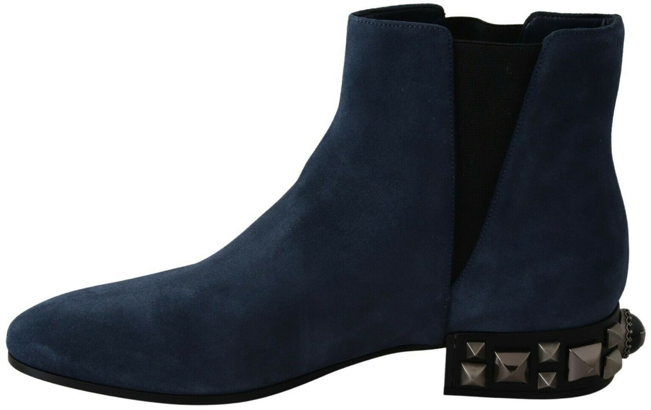 Dolce & Gabbana Blue Suede Embellished Studded Boots Shoes Blauw