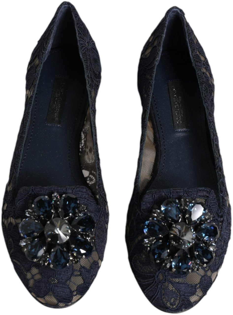 Dolce & Gabbana Blue Taormina Lace Crystals Flats Shoes Blauw