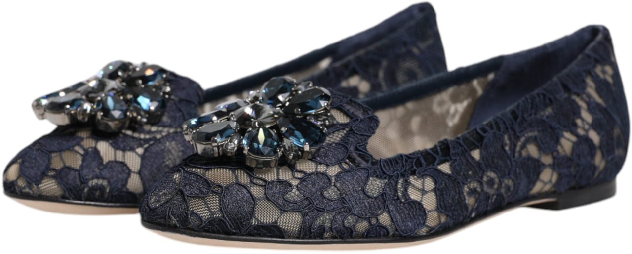 Dolce & Gabbana Blue Taormina Lace Crystals Flats Shoes Blauw