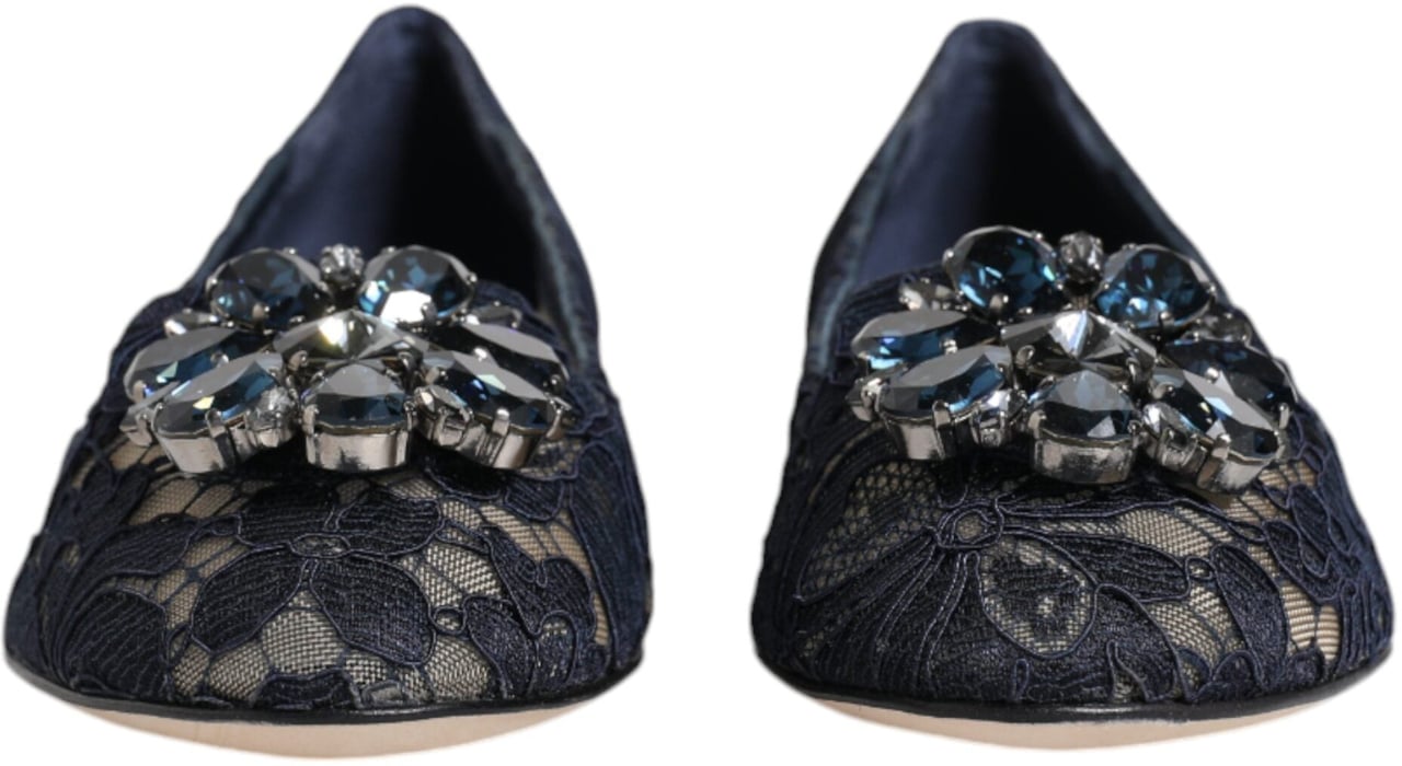 Dolce & Gabbana Blue Taormina Lace Crystals Flats Shoes Blauw