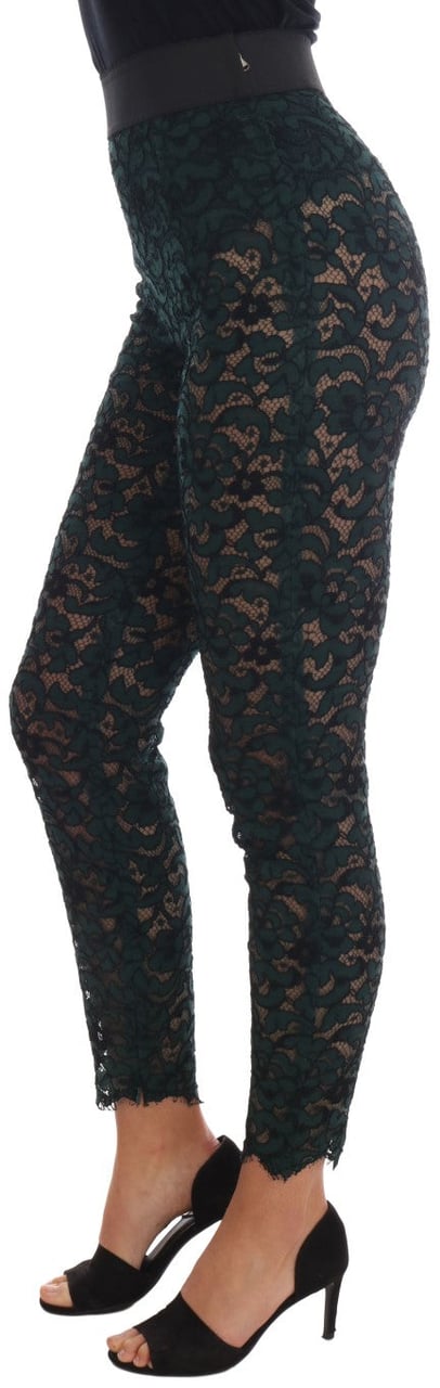 Dolce & Gabbana Green Floral Lace Leggings Pants Groen