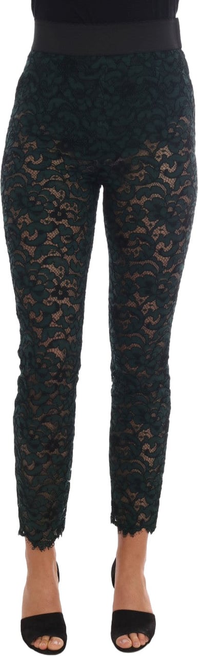 Dolce & Gabbana Green Floral Lace Leggings Pants Groen