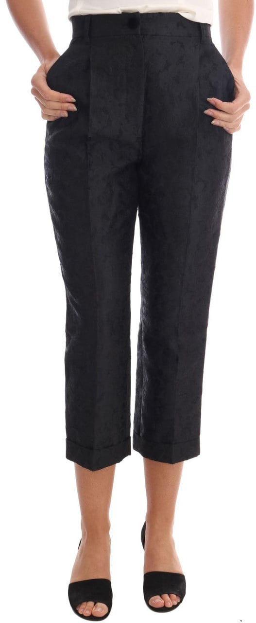 Dolce & Gabbana Black Floral Brocade Capri Pants Zwart