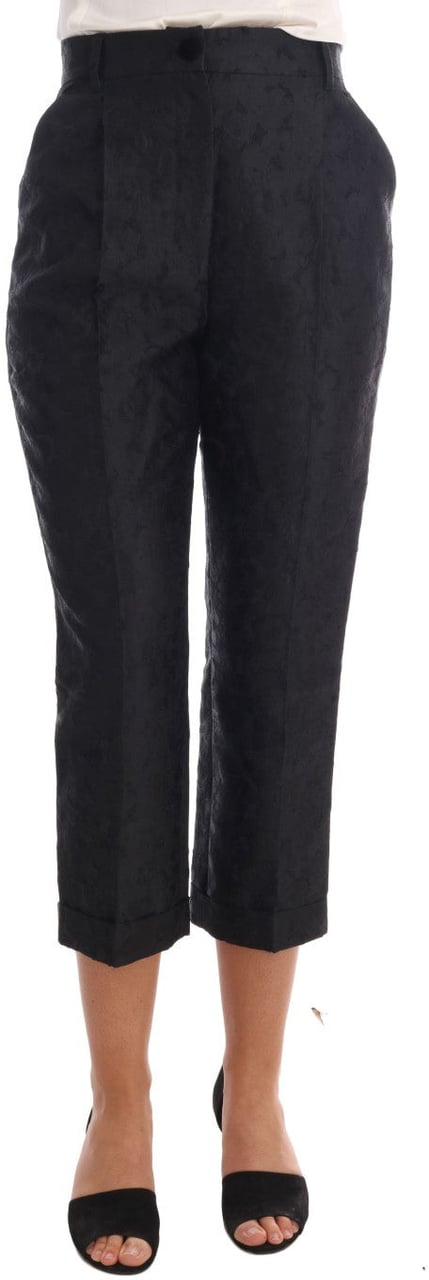 Dolce & Gabbana Black Floral Brocade Capri Pants Zwart