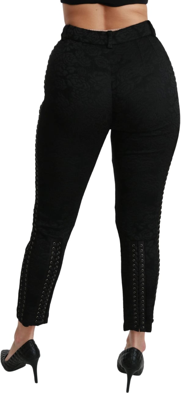 Dolce & Gabbana Black Brocade Skinny High Waist Pants Zwart