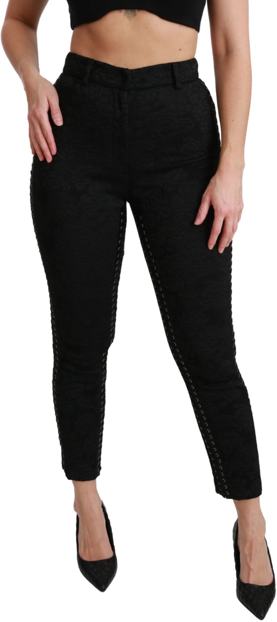 Dolce & Gabbana Black Brocade Skinny High Waist Pants Zwart