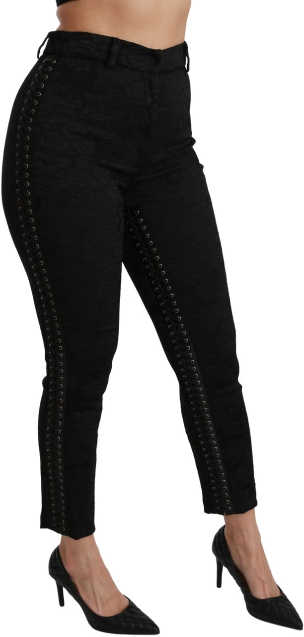 Dolce & Gabbana Black Brocade Skinny High Waist Pants Zwart