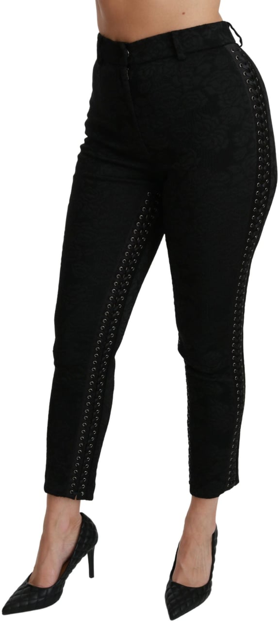 Dolce & Gabbana Black Brocade Skinny High Waist Pants Zwart