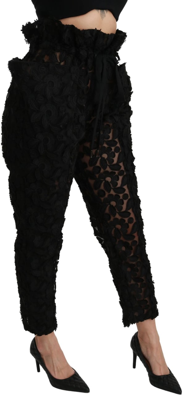 Dolce & Gabbana Black Floral Lace Tapered High Waist Pants Zwart