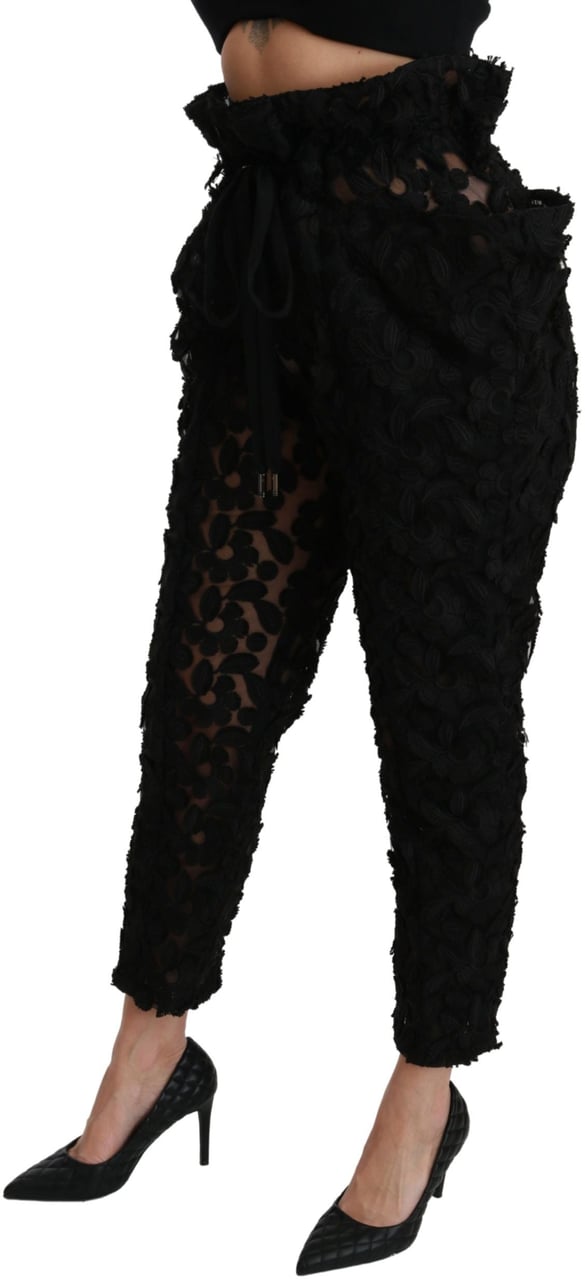 Dolce & Gabbana Black Floral Lace Tapered High Waist Pants Zwart