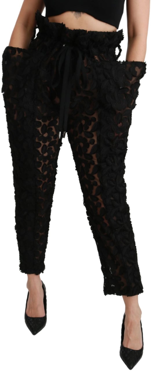 Dolce & Gabbana Black Floral Lace Tapered High Waist Pants Zwart