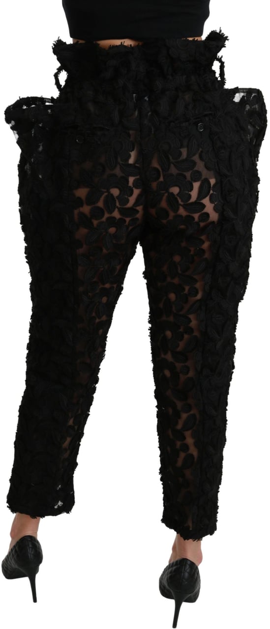 Dolce & Gabbana Black Floral Lace Tapered High Waist Pants Zwart