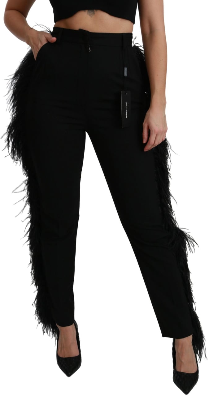 Dolce & Gabbana Black Feather Straight High Waist Wool Pants Zwart