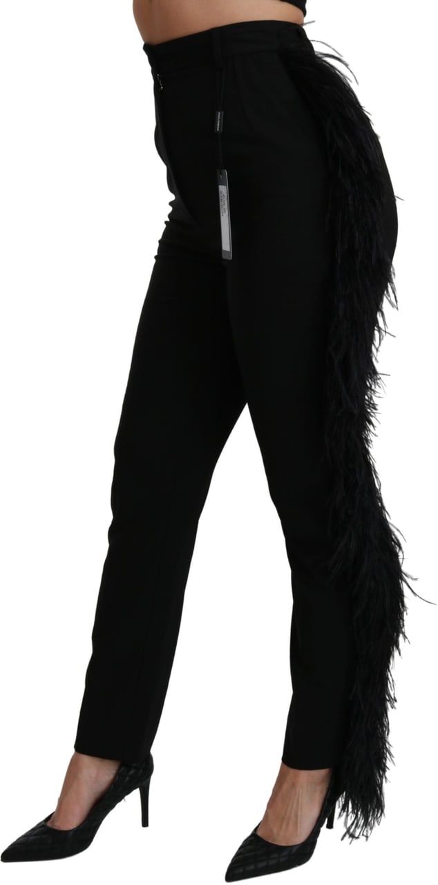 Dolce & Gabbana Black Feather Straight High Waist Wool Pants Zwart