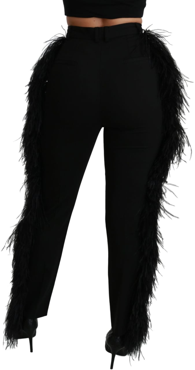 Dolce & Gabbana Black Feather Straight High Waist Wool Pants Zwart