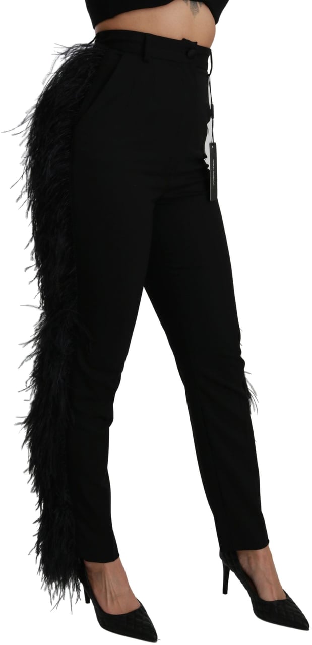 Dolce & Gabbana Black Feather Straight High Waist Wool Pants Zwart