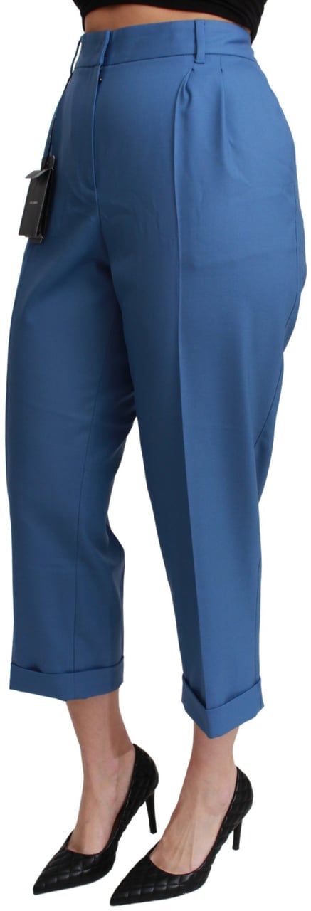 Dolce & Gabbana Blue Pleated Wool Cuffed Cropped Trouser Pants Blauw