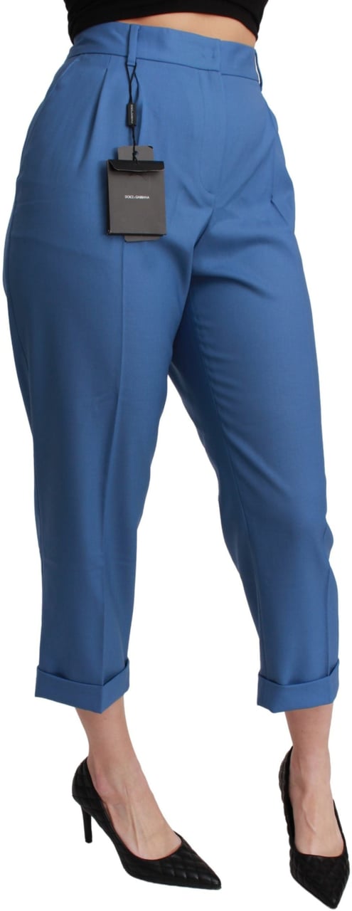 Dolce & Gabbana Blue Pleated Wool Cuffed Cropped Trouser Pants Blauw