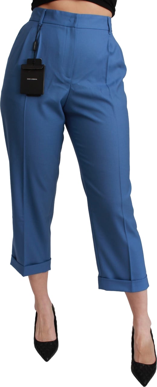 Dolce & Gabbana Blue Pleated Wool Cuffed Cropped Trouser Pants Blauw