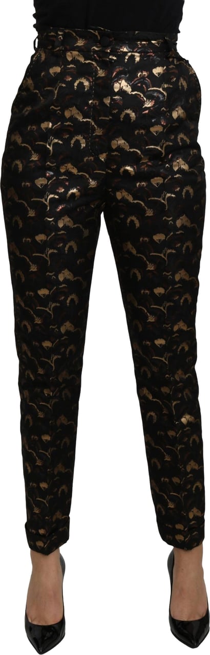 Dolce & Gabbana Black Gold Brocade High Waist Pants Zwart