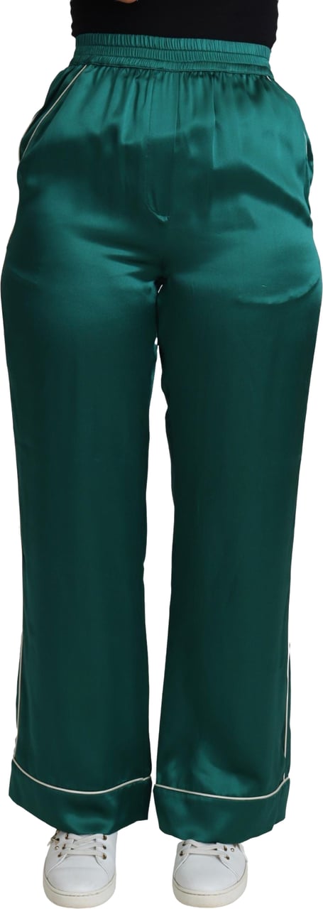 Dolce & Gabbana Green High Waist Pajama Trouser Silk Pant Groen