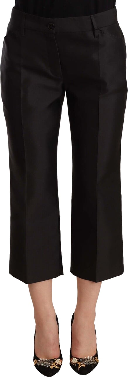 Dolce & Gabbana Black 100% Silk Flared Cropped Pants Zwart