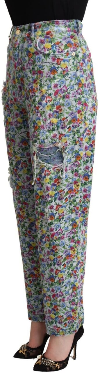 Dolce & Gabbana Blue Floral Print High Waist Denim Tapered Jeans Blauw