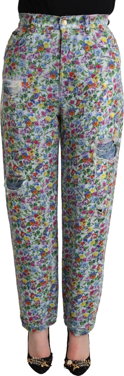 Dolce & Gabbana Blue Floral Print High Waist Denim Tapered Jeans Blauw