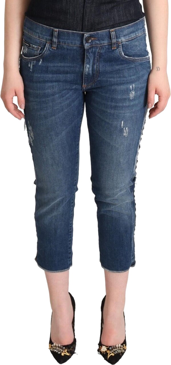 Dolce & Gabbana Blue Washed Mid Waist Denim Logo Cropped Jeans Blauw