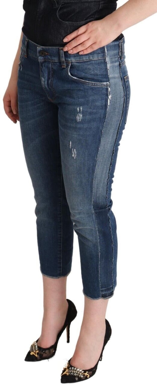 Dolce & Gabbana Blue Washed Mid Waist Denim Logo Cropped Jeans Blauw