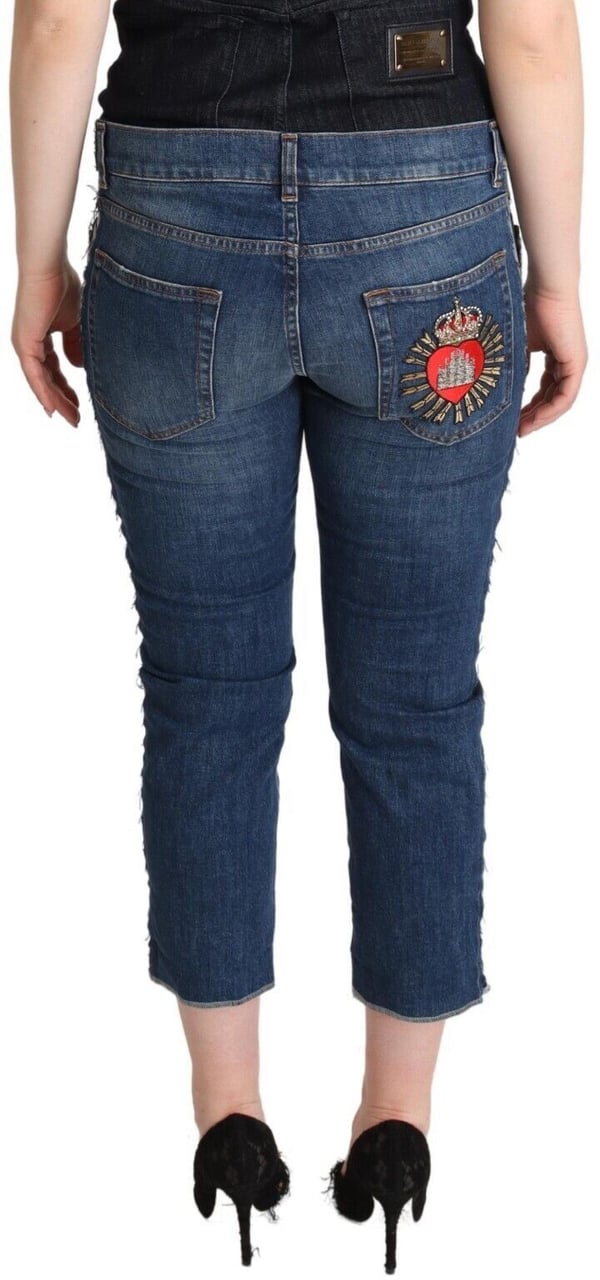 Dolce & Gabbana Blue Washed Mid Waist Denim Logo Cropped Jeans Blauw