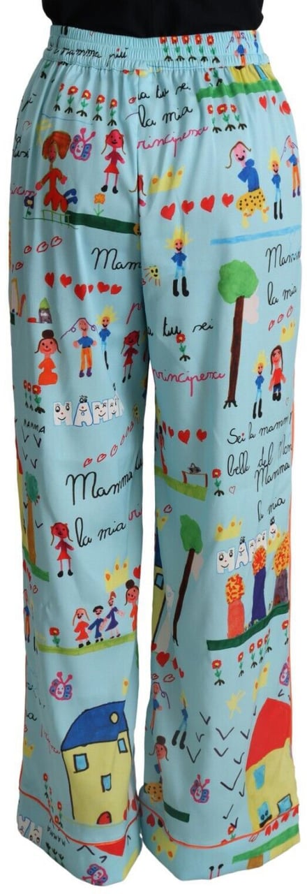 Dolce & Gabbana Light Blue Drawing Mid Waist Wide Leg Pants Lichtblauw