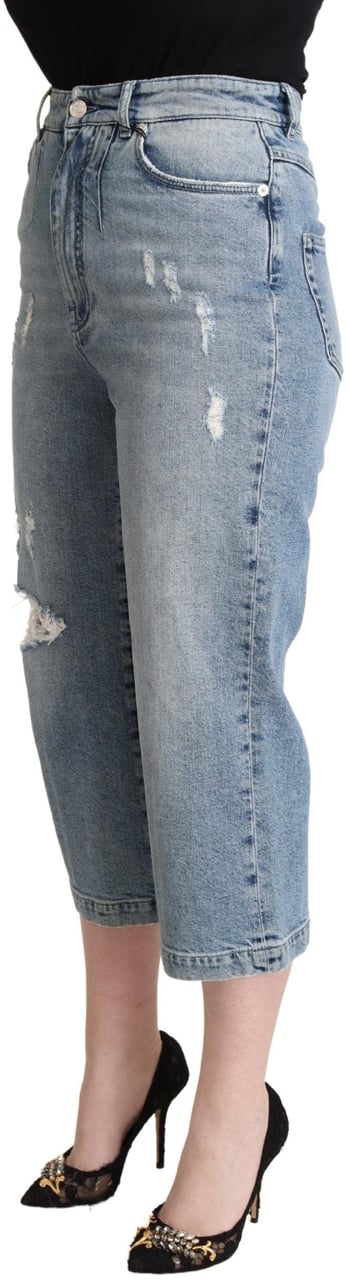 Dolce & Gabbana Blue Tattered Cotton Denim Capri Cropped Jeans Blauw