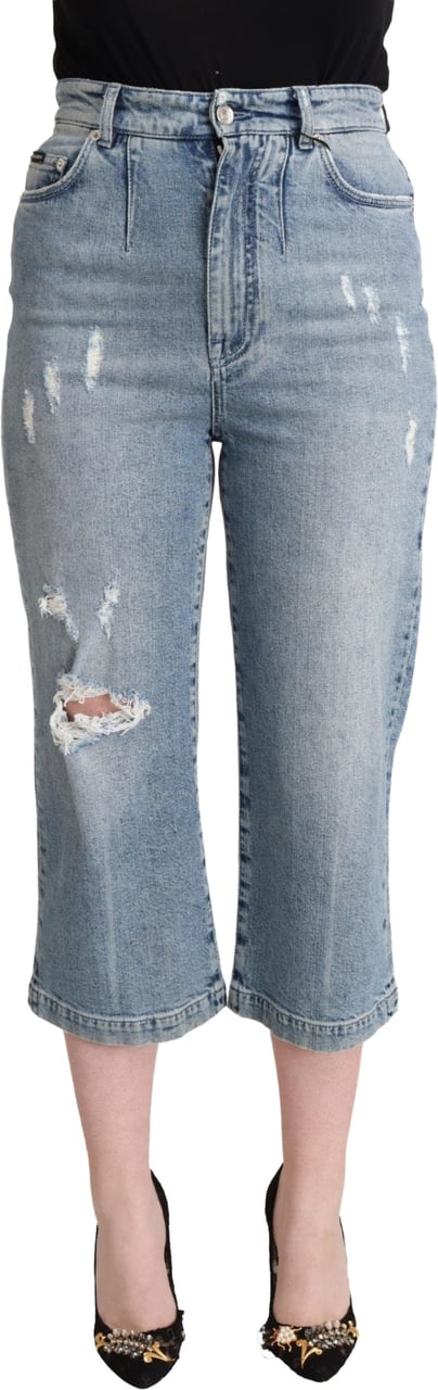 Dolce & Gabbana Blue Tattered Cotton Denim Capri Cropped Jeans Blauw