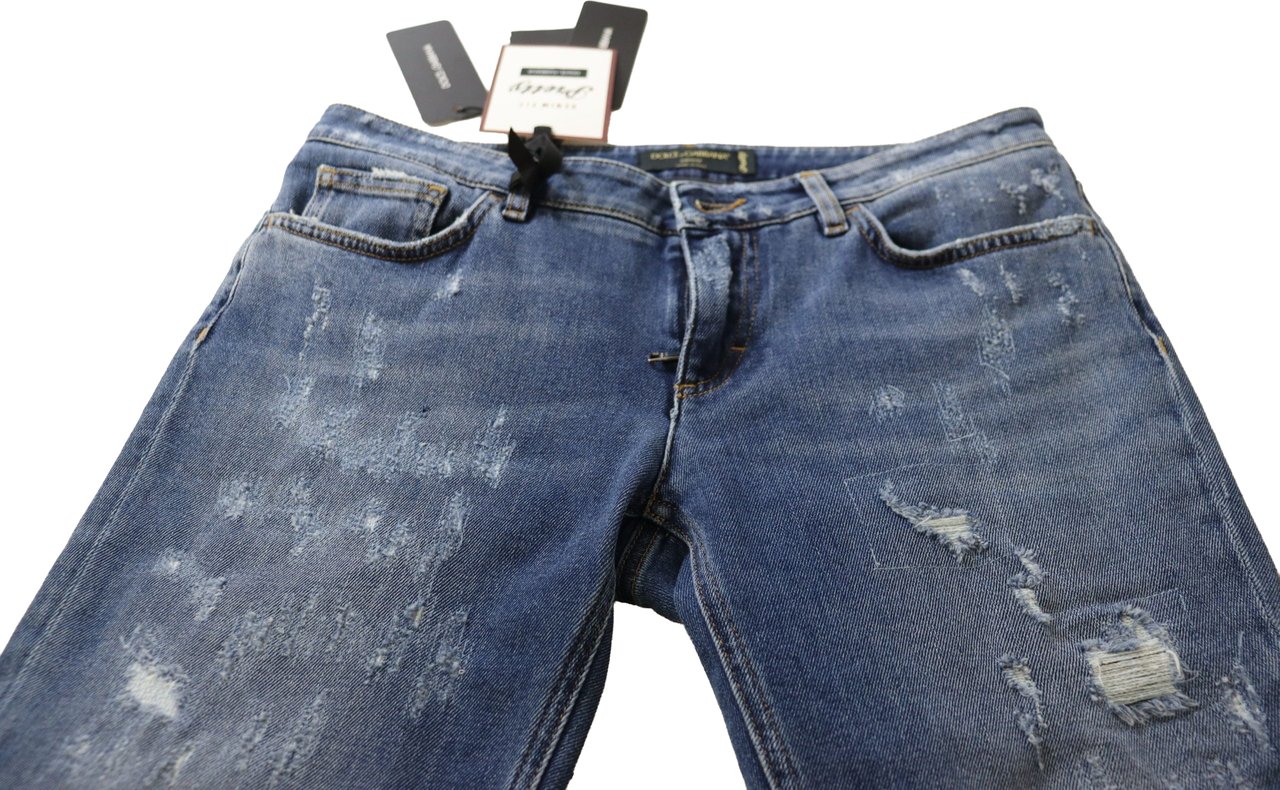 Dolce & Gabbana Blue Washed Cotton Skinny Low Waist Denim Jeans Blauw