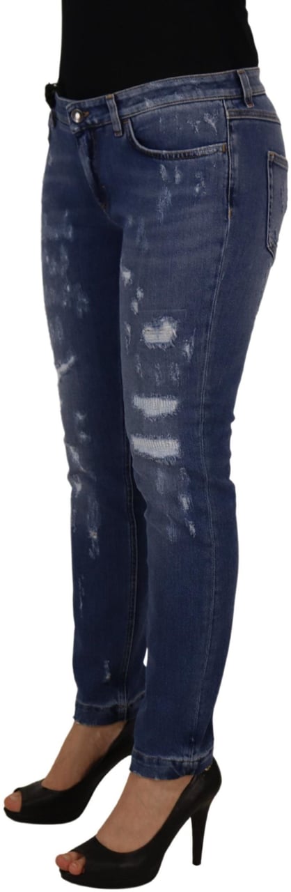 Dolce & Gabbana Blue Washed Cotton Skinny Low Waist Denim Jeans Blauw