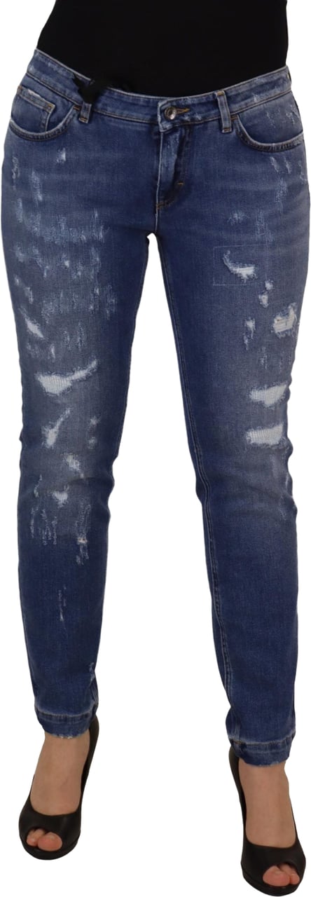Dolce & Gabbana Blue Washed Cotton Skinny Low Waist Denim Jeans Blauw