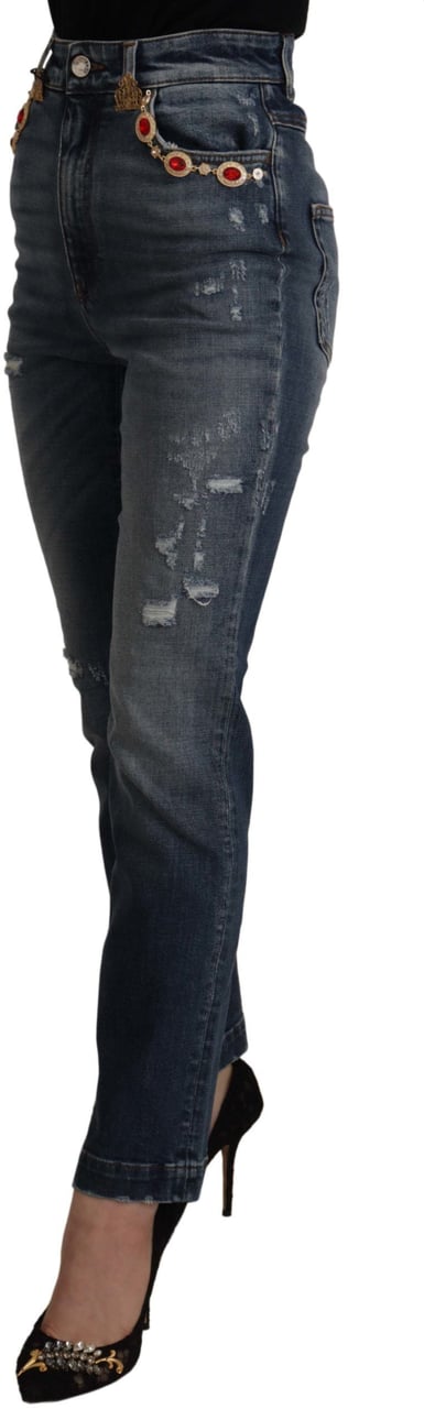 Dolce & Gabbana Blue Denim Crystal Embellished Pants Jeans Blauw
