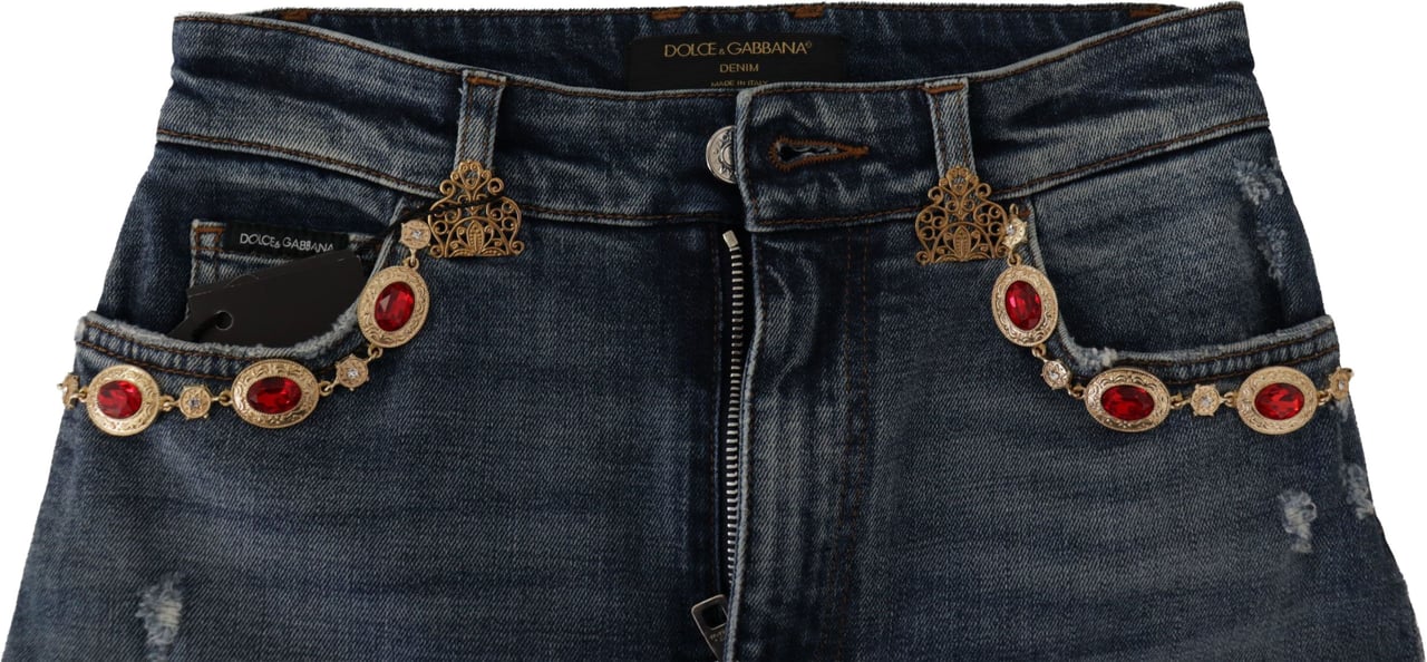 Dolce & Gabbana Blue Denim Crystal Embellished Pants Jeans Blauw