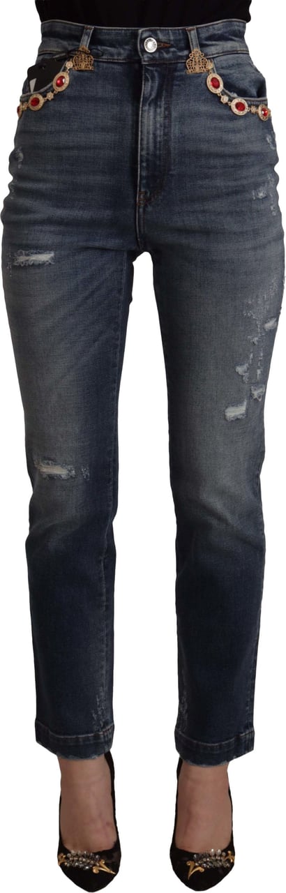 Dolce & Gabbana Blue Denim Crystal Embellished Pants Jeans Blauw