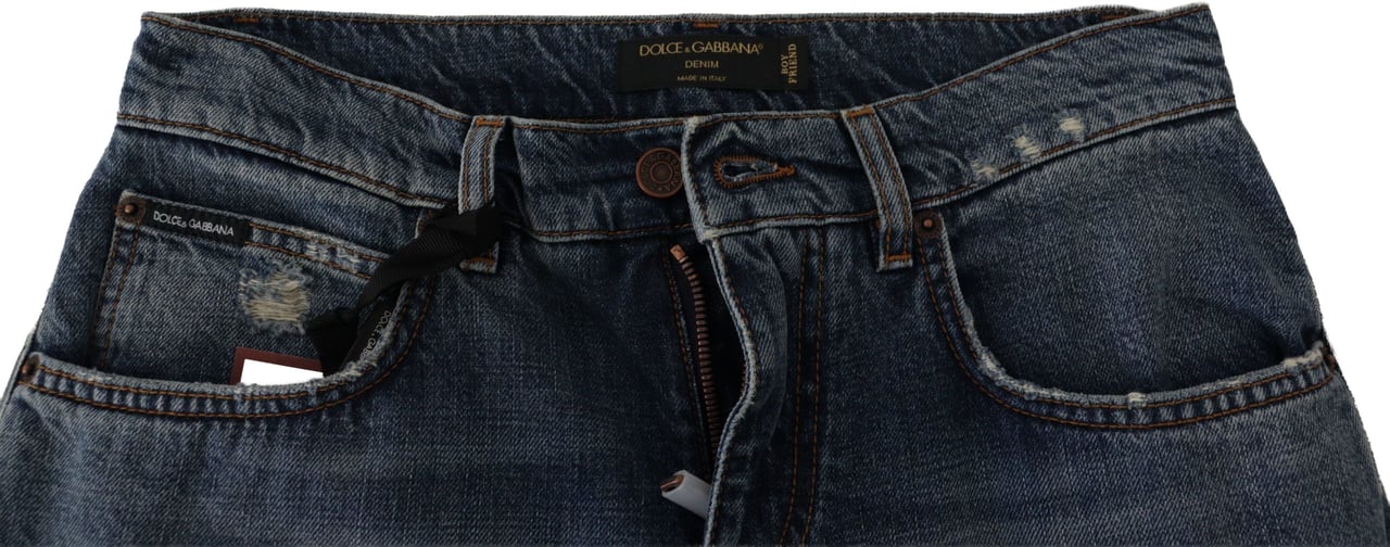 Dolce & Gabbana Blue Denim Baroque Heart Logo Patch Pants Jeans Blauw