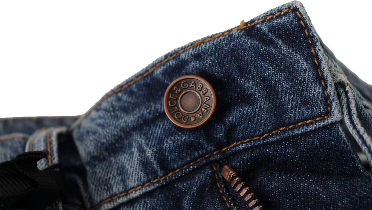 Dolce & Gabbana Blue Denim Baroque Heart Logo Patch Pants Jeans Blauw