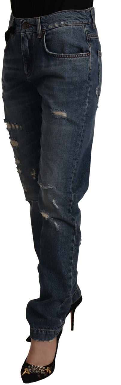 Dolce & Gabbana Blue Denim Baroque Heart Logo Patch Pants Jeans Blauw