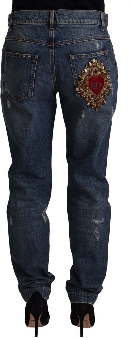 Dolce & Gabbana Blue Denim Baroque Heart Logo Patch Pants Jeans Blauw