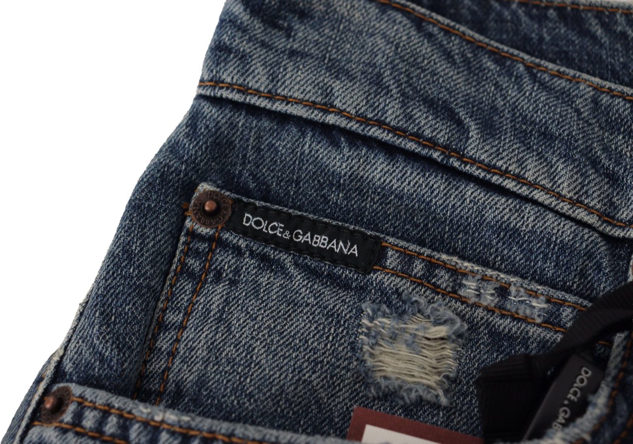 Dolce & Gabbana Blue Denim Baroque Heart Logo Patch Pants Jeans Blauw