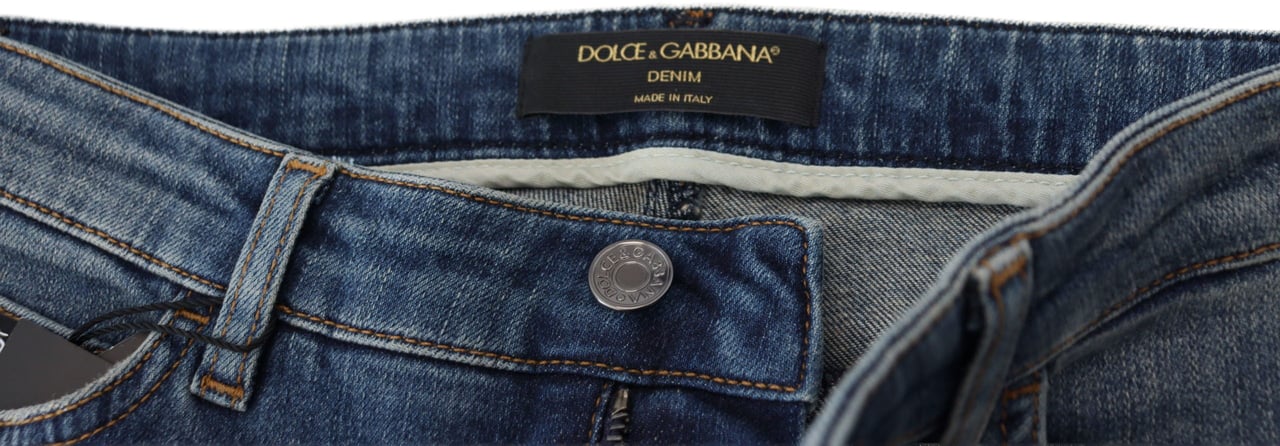 Dolce & Gabbana Blue Washed Cotton Tattered Denim Jeans Blauw