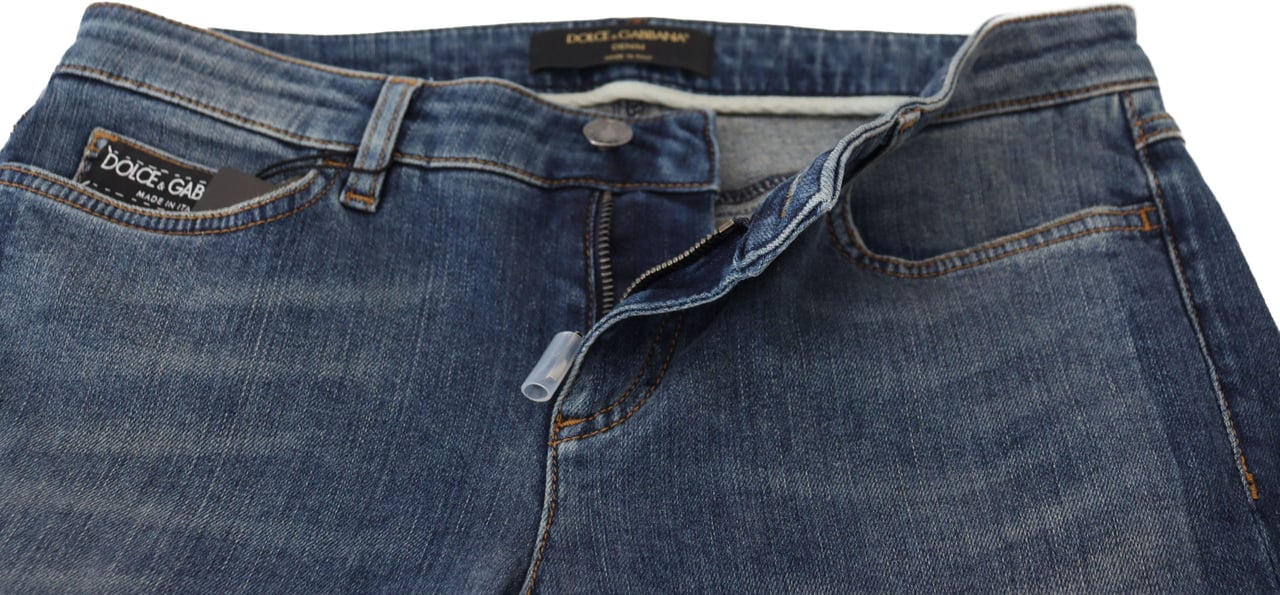 Dolce & Gabbana Blue Washed Cotton Tattered Denim Jeans Blauw
