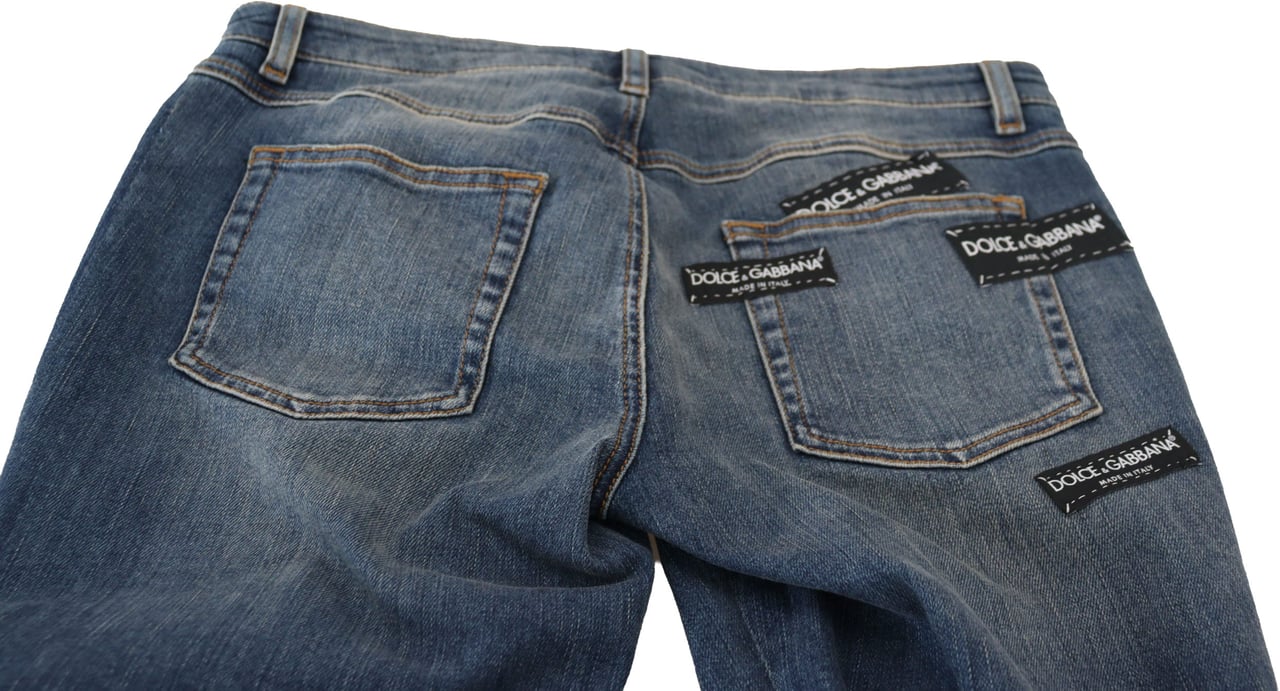 Dolce & Gabbana Blue Washed Cotton Tattered Denim Jeans Blauw