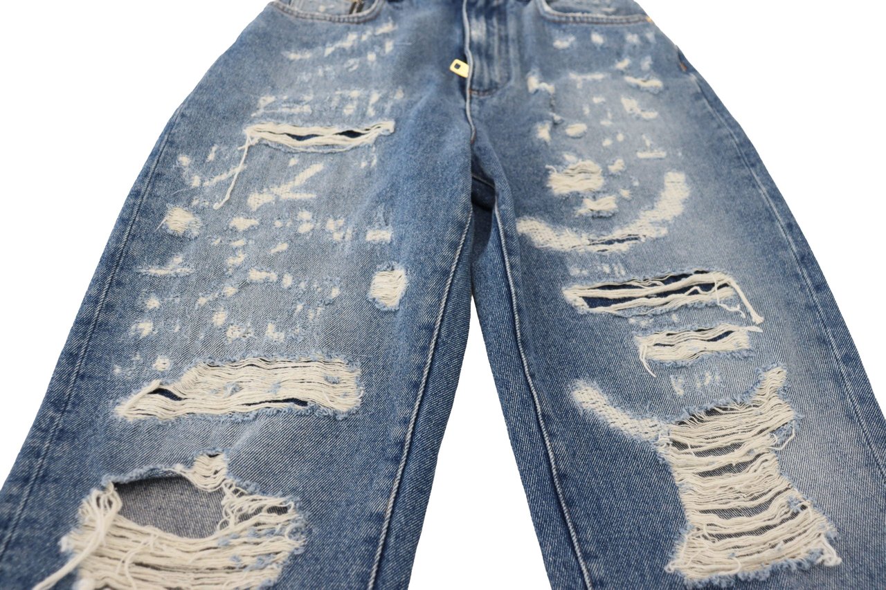 Dolce & Gabbana Blue Washed Cotton Tattered Denim Jeans Blauw