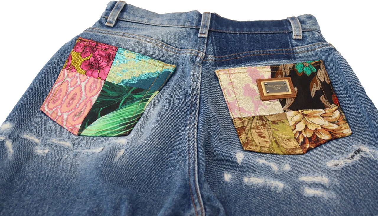 Dolce & Gabbana Blue Washed Cotton Tattered Denim Jeans Blauw